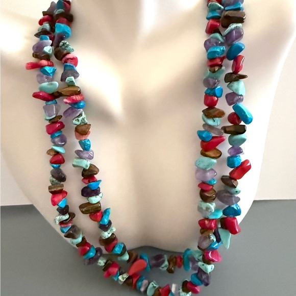 ATI Faux Turquoise Coral Tiger Eye Necklace Sterling Silver Clasp - Picture 1 of 3
